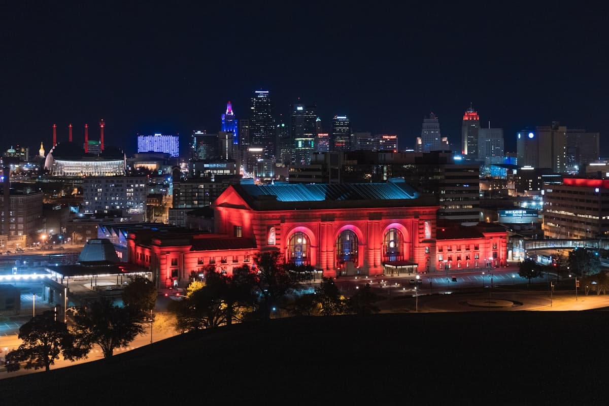 Red building at night time — Kansas City, MO