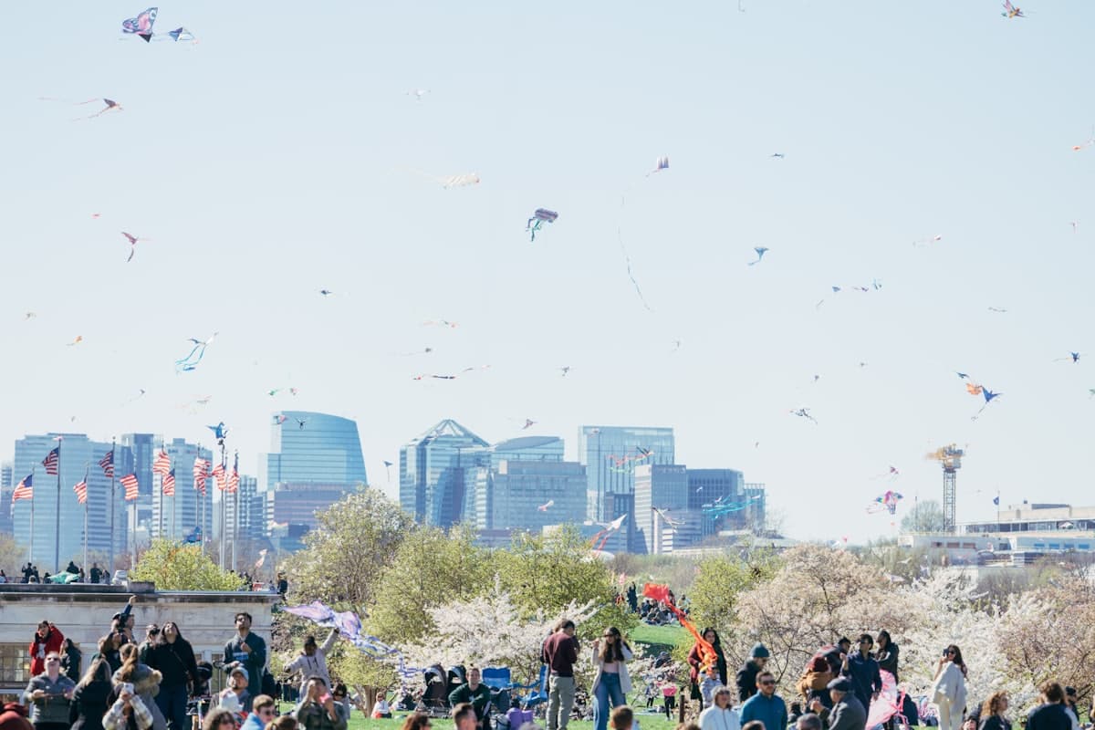 People enjoying a kite festival with city skyline — Washington, DC